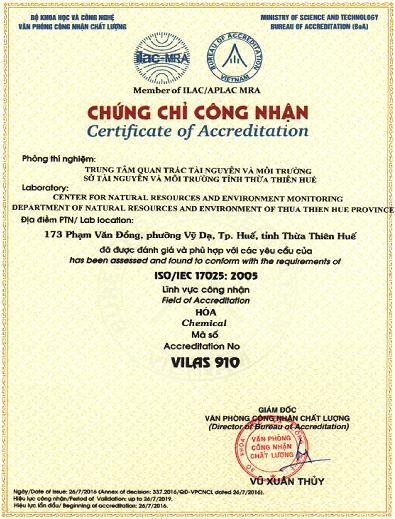 Trung tâm Quan trắc Tài nguyên và Môi trường Thừa Thiên Huế được cấp Chứng chỉ công nhận phù hợp với tiêu chuẩn quốc tế