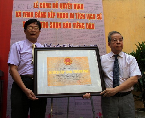  Trụ sở Tòa soạn Báo Tiếng Dân được công nhận là di tích cấp tỉnh.