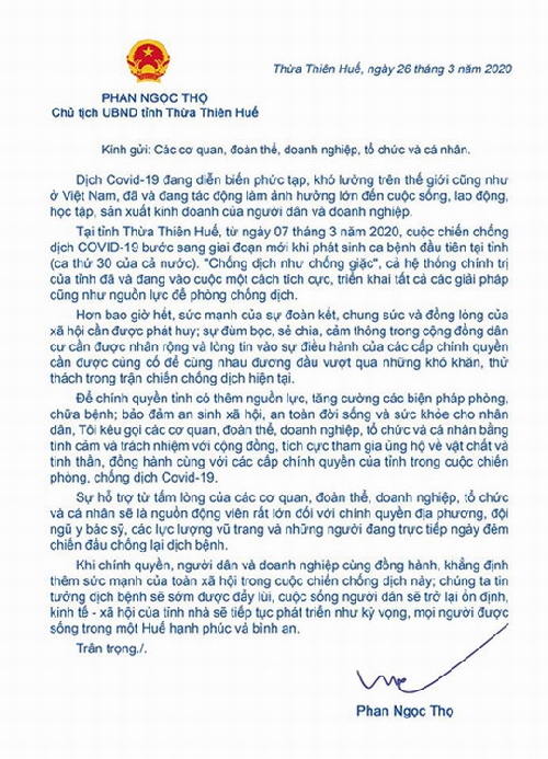 Chủ tịch UBND tỉnh Phan Ngọc Thọ gửi thư kêu gọi chính quyền, người dân và doanh nghiệp cùng đồng hành chống COVID - 19