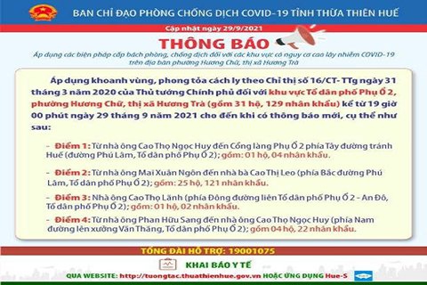 Khoanh vùng, phong tỏa cách ly tạm thời theo Chỉ thị số 16/CT-TTg đối với các khu vực trên địa bàn phường Hương Chữ