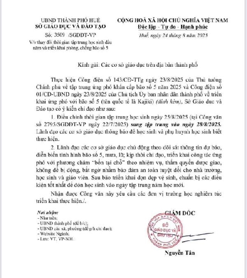 Điều chỉnh thời gian tập trung học sinh vào ngày 28/8 để phòng chống bão số 5