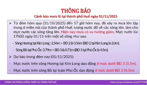 Cảnh báo mưa lũ tại thành phố Huế ngày 01/11/2025